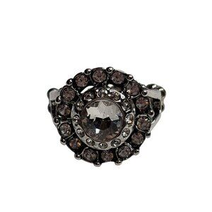 Silvertone Clear Rhinestone Cocktail Ring Adjustable Stretchy